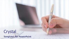  Presentation with application - Amazing slides having survey checkbox mark white laptop - hand with pen over application backdrop and a sky blue colored foreground