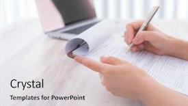  Presentation with recruitment application - Colorful PPT layouts enhanced with survey checkbox mark white laptop - hand with pen over application backdrop and a light gray colored foreground