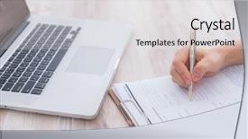  Presentation with application - Slides consisting of survey checkbox mark white laptop - hand with pen over application background and a  colored foreground