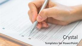  Presentation with survey - Colorful slide deck enhanced with survey checkbox mark white laptop - hand with pen over application backdrop and a white colored foreground