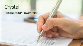  Presentation with application - Cool new PPT theme with survey checkbox mark white laptop - hand with pen over application backdrop and a soft green colored foreground