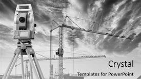  Presentation with instrument - Slide set consisting of survey engineering - surveying measuring instrument standing inside background and a light gray colored foreground