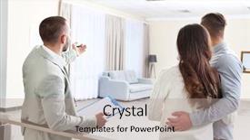  Presentation with new home - Audience pleasing presentation design consisting of surveyor - happy family with estate agent backdrop and a coral colored foreground