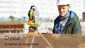  Presentation with theodolite surveying - Amazing PPT theme having surveyor builder worker with theodolite backdrop and a coral colored foreground