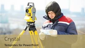  Presentation with construction site construction - Audience pleasing PPT theme consisting of surveyor-worker-with-theodolite backdrop and a yellow colored foreground