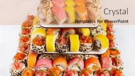 Presentation with catering banquet table different - PPT layouts with sushi-cake-on-the-catering background and a coral colored foreground