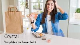  Presentation with beautiful young woman getting face - Slide set having sushi from home delivery stress background and a soft green colored foreground