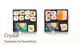  Presentation with set of sushi salmon - Theme featuring sushi in box different type background and a cream colored foreground