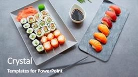  Presentation with soy sauce - Audience pleasing slide deck consisting of sushi maki and niguiri california roll soy sauce and wasabi backdrop and a gray colored foreground