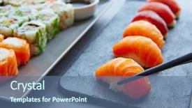  Presentation with soy sauce - PPT layouts enhanced with sushi maki and niguiri with soy sauce and wasabi with california roll background and a ocean colored foreground