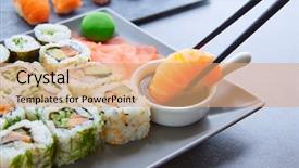  Presentation with soy sauce - PPT layouts enhanced with sushi maki and niguiri with soy sauce and wasabi with california roll background and a coral colored foreground