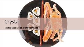  Presentation with salmon dish - PPT theme having sushi maki roll with vegetables and salmon inside on black dish with boiled crab japanese cuisine background and a coral colored foreground