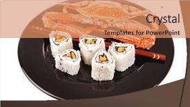  Presentation with salmon dish - Theme enhanced with sushi maki roll with vegetables and salmon inside on black dish with boiled crab japanese cuisine background and a coral colored foreground