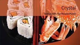  Presentation with salmon dish - Presentation enhanced with sushi maki roll with vegetables and salmon inside on black dish with boiled crab japanese cuisine background and a red colored foreground