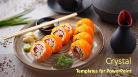  Presentation with set of sushi salmon - Slides enhanced with sushi-maki-rolls-california-futomaki background and a tawny brown colored foreground