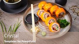  Presentation with soy sauce - PPT theme with sushi-maki-rolls-california-futomaki background and a coral colored foreground