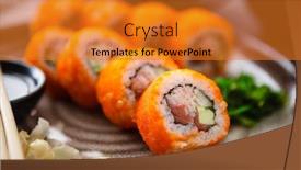  Presentation with soy sauce - Amazing slide deck having sushi-maki-rolls-california-futomaki backdrop and a gold colored foreground