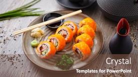  Presentation with soy sauce - PPT layouts enhanced with sushi-maki-rolls-california-futomaki background and a tawny brown colored foreground