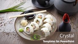 Presentation with soy - Slide set featuring sushi-maki-rolls-california background and a tawny brown colored foreground