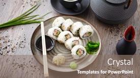  Presentation with soy sauce - Slide deck with sushi-maki-rolls-california background and a coral colored foreground