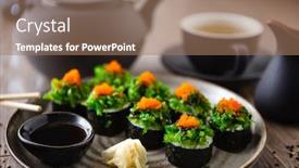  Presentation with seaweed - Audience pleasing PPT theme consisting of sushi-maki-rolls-with-crab backdrop and a coral colored foreground