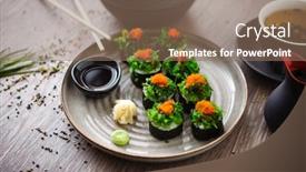  Presentation with soy sauce - Beautiful PPT layouts featuring sushi-maki-rolls-with-crab backdrop and a coral colored foreground