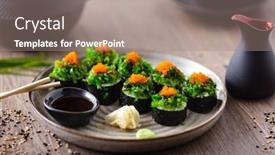  Presentation with soy sauce - Amazing presentation design having sushi-maki-rolls-with-crab backdrop and a gray colored foreground