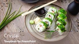  Presentation with soy sauce - Theme featuring sushi-maki-rolls-with-cucumber background and a gray colored foreground