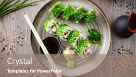  Presentation with soy - Audience pleasing theme consisting of sushi-maki-rolls-with-cucumber backdrop and a coral colored foreground