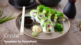  Presentation with soy sauce - Slide set with sushi-maki-rolls-with-cucumber background and a coral colored foreground