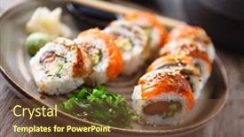  Presentation with modern food - Beautiful PPT theme featuring sushi-maki-rolls-with-salmon backdrop and a tawny brown colored foreground