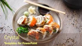  Presentation with modern food - Colorful presentation design enhanced with sushi-maki-rolls-with-salmon backdrop and a tawny brown colored foreground