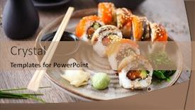  Presentation with modern food - PPT theme consisting of sushi-maki-rolls-with-salmon background and a coral colored foreground