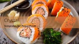  Presentation with salmon spicy - Beautiful slides featuring sushi-maki-rolls-with-spicy backdrop and a coral colored foreground