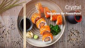  Presentation with salmon spicy - Colorful presentation design enhanced with sushi-maki-rolls-with-spicy backdrop and a coral colored foreground