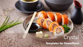  Presentation with soy sauce - Colorful PPT layouts enhanced with sushi-maki-rolls-with-spicy backdrop and a coral colored foreground