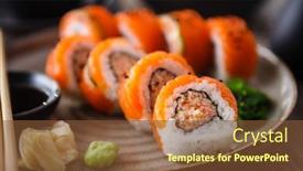  Presentation with salmon spicy - Audience pleasing PPT layouts consisting of sushi-maki-rolls-with-spicy backdrop and a tawny brown colored foreground
