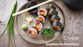  Presentation with modern food - Theme enhanced with sushi-maki-rolls-with-tuna background and a coral colored foreground