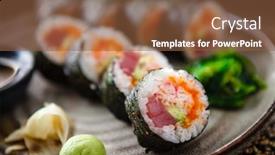  Presentation with fish tuna - Beautiful theme featuring sushi-maki-rolls-with-tuna backdrop and a tawny brown colored foreground