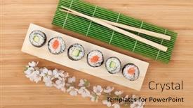  Presentation with sakura - PPT theme consisting of sushi maki set with fresh sakura branch over bamboo table background and a coral colored foreground