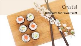  Presentation with sushi - Colorful presentation enhanced with salmon and cucumber and sakura backdrop and a lemonade colored foreground