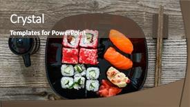  Presentation with chopsticks - PPT theme featuring sushi on plate with chopsticks on wooden background background and a violet colored foreground