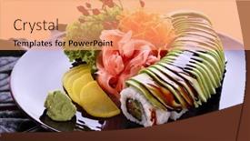  Presentation with annual party 2019 - PPT theme consisting of sushi-party-tray background and a coral colored foreground