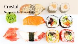  Presentation with sushi - Audience pleasing slide deck consisting of sushi pieces collection isolated backdrop and a  colored foreground