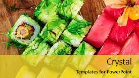  Presentation with prawn - Audience pleasing presentation design consisting of sushi roll with salmon eel backdrop and a  colored foreground