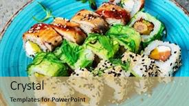  Presentation with japanese food - Slide set with sushi roll with salmon eel background and a  colored foreground
