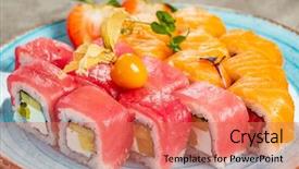  Presentation with japanese food - Colorful PPT layouts enhanced with sushi roll with salmon eel backdrop and a  colored foreground