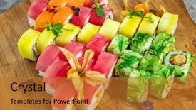  Presentation with prawn - Presentation design with sushi roll with salmon eel background and a  colored foreground