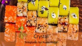  Presentation with prawn - Slide set featuring sushi roll with salmon eel background and a  colored foreground