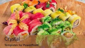  Presentation with prawn - PPT theme enhanced with sushi roll with salmon eel background and a  colored foreground